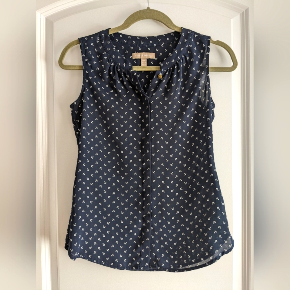 Navy sleeveless blouse with anchors from Banana Republic
